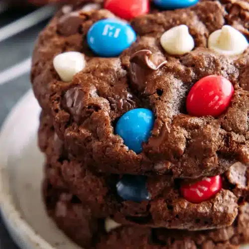 Chewy Patriotic Brownie Cookies with chocolate chips and red white blue candies