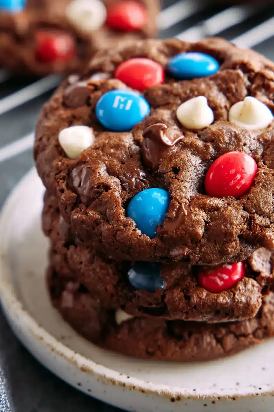 Chewy Patriotic Brownie Cookies with chocolate chips and red white blue candies