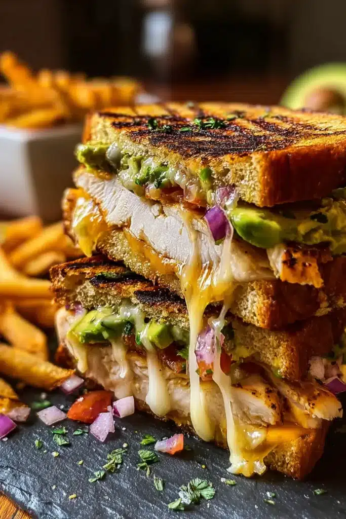 Chicken Avocado Melt Sandwich 2 Chicken Avocado Melt Sandwich with crispy bread, creamy avocado, and melted cheese