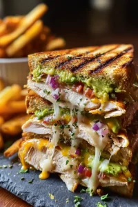 Chicken Avocado Melt Sandwich with crispy bread, melted cheese, chicken, and avocado