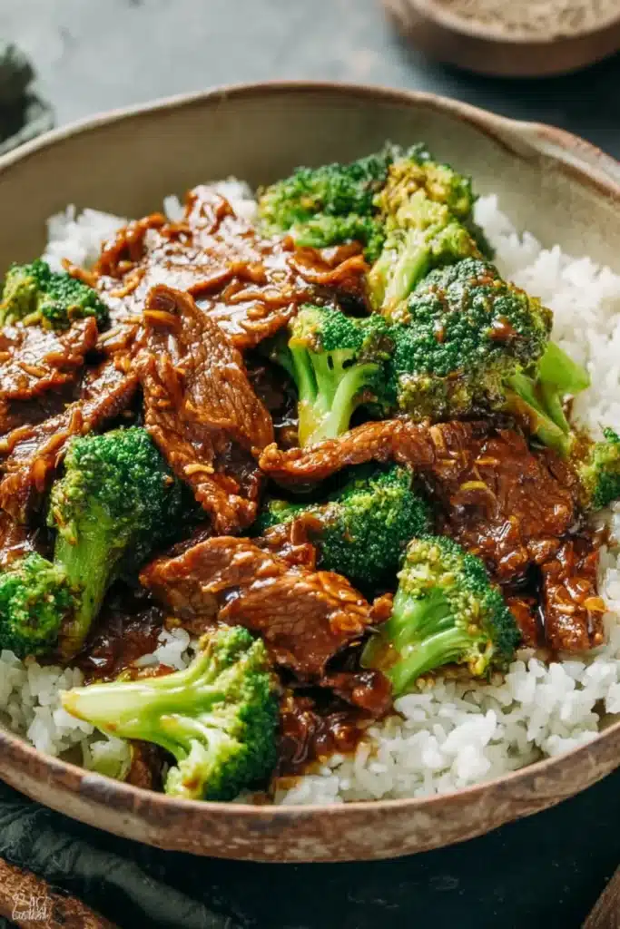 Chinese Beef and Broccoli ingredients with beef, broccoli, sauce, garlic, and ginger