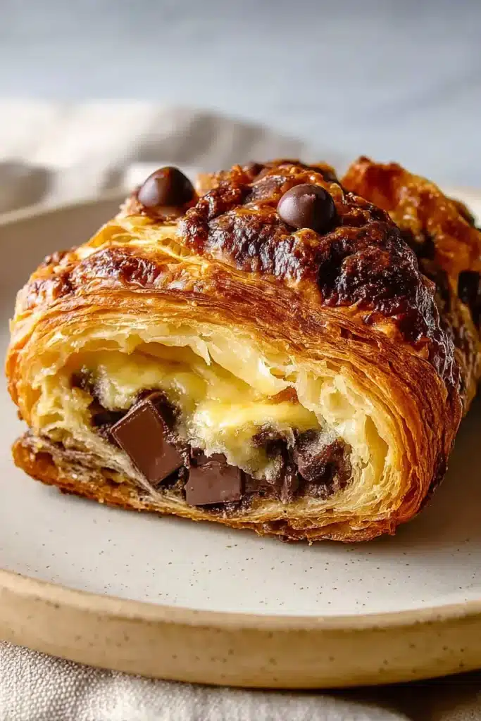 Chocolate Croissant Breakfast Bake 2 Chocolate Croissant breakfast bake with flaky croissants and melted chocolate filling
