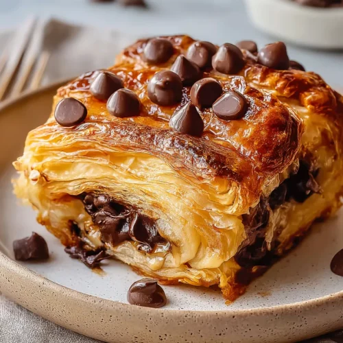 Chocolate Croissant Breakfast Bake 4 Chocolate Croissant breakfast bake slice with melted chocolate and flaky golden croissants
