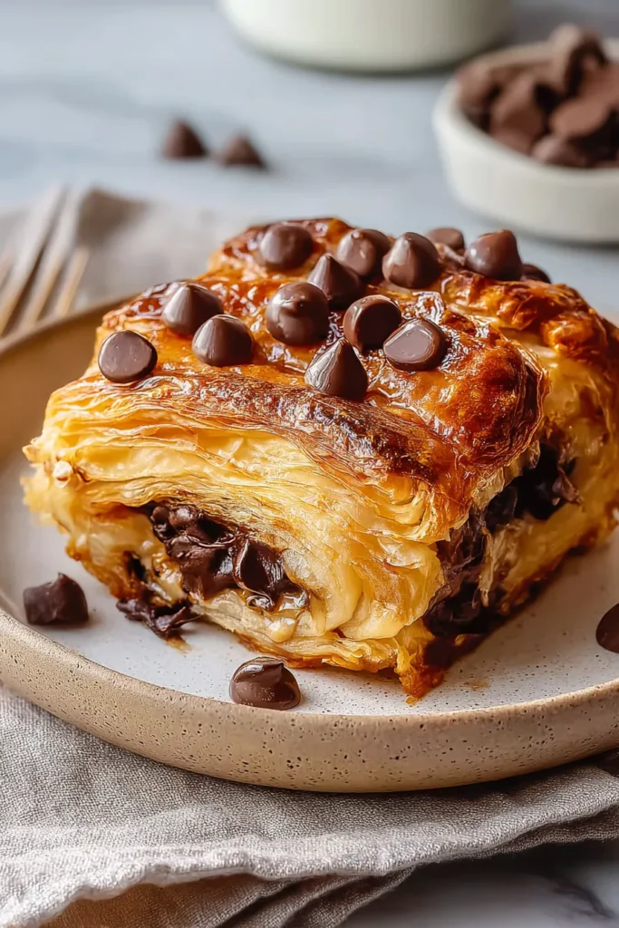 Chocolate Croissant Breakfast Bake 1 Chocolate Croissant breakfast bake slice with melted chocolate and flaky golden croissants