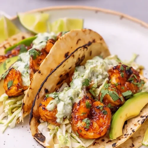 Cilantro lime shrimp tacos with avocado, creamy slaw, and grilled shrimp on corn tortillas