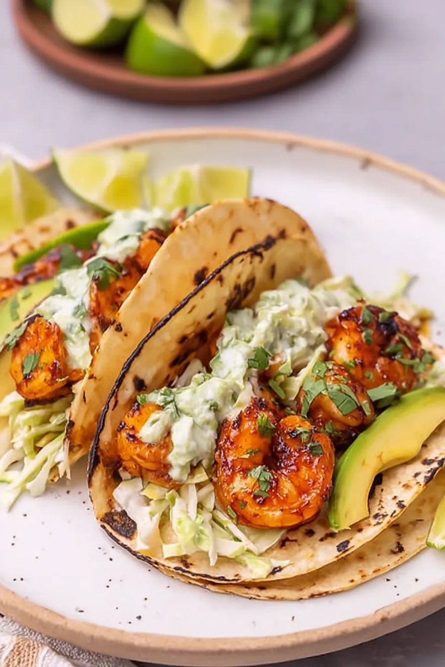 Cilantro lime shrimp tacos with avocado, creamy slaw, and grilled shrimp on corn tortillas