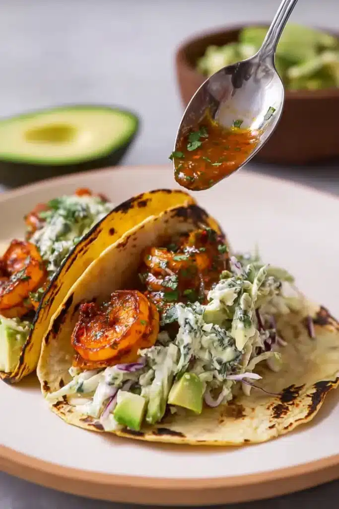 Cilantro Lime Shrimp Tacos with lime butter sauce drizzled over shrimp