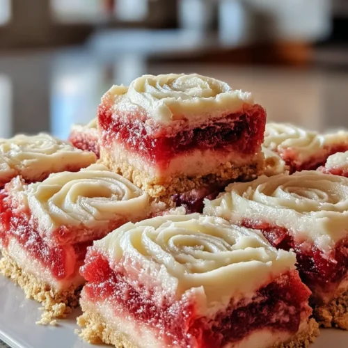Close-up rhubarb bars with cream cheese topping and crumb crust