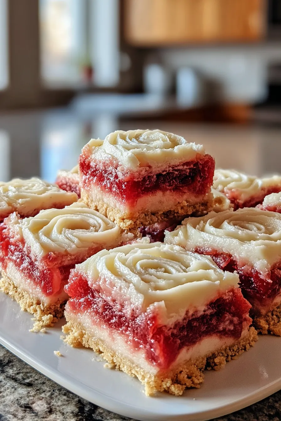 Close-up rhubarb bars with cream cheese topping and crumb crust