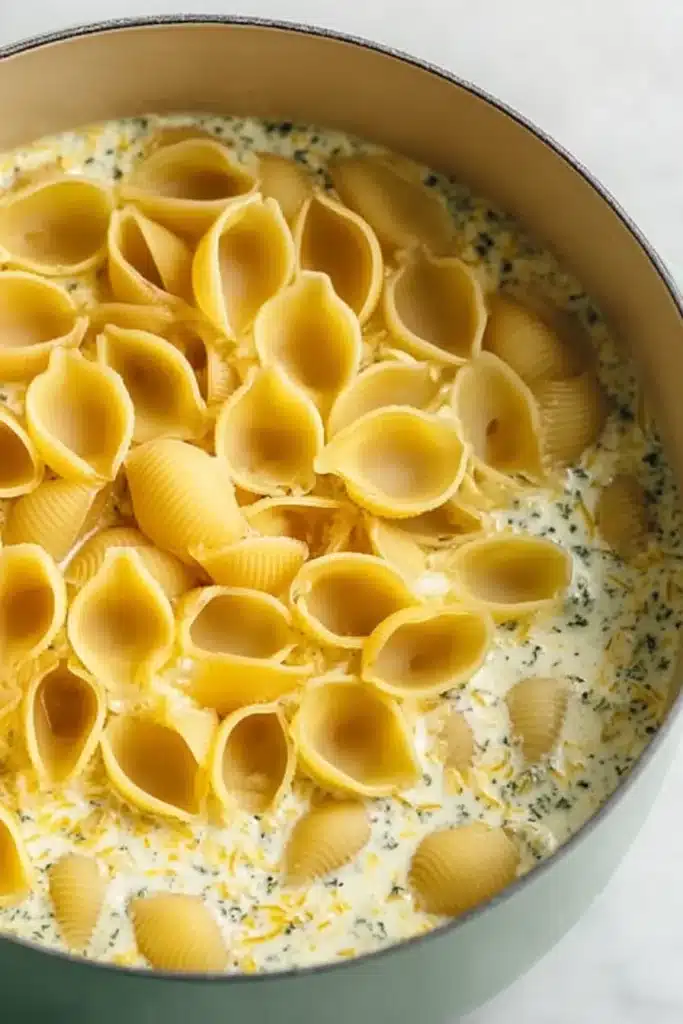 Creamy Broccoli Pasta 3 Creamy Broccoli Pasta shells cooking in creamy herb sauce