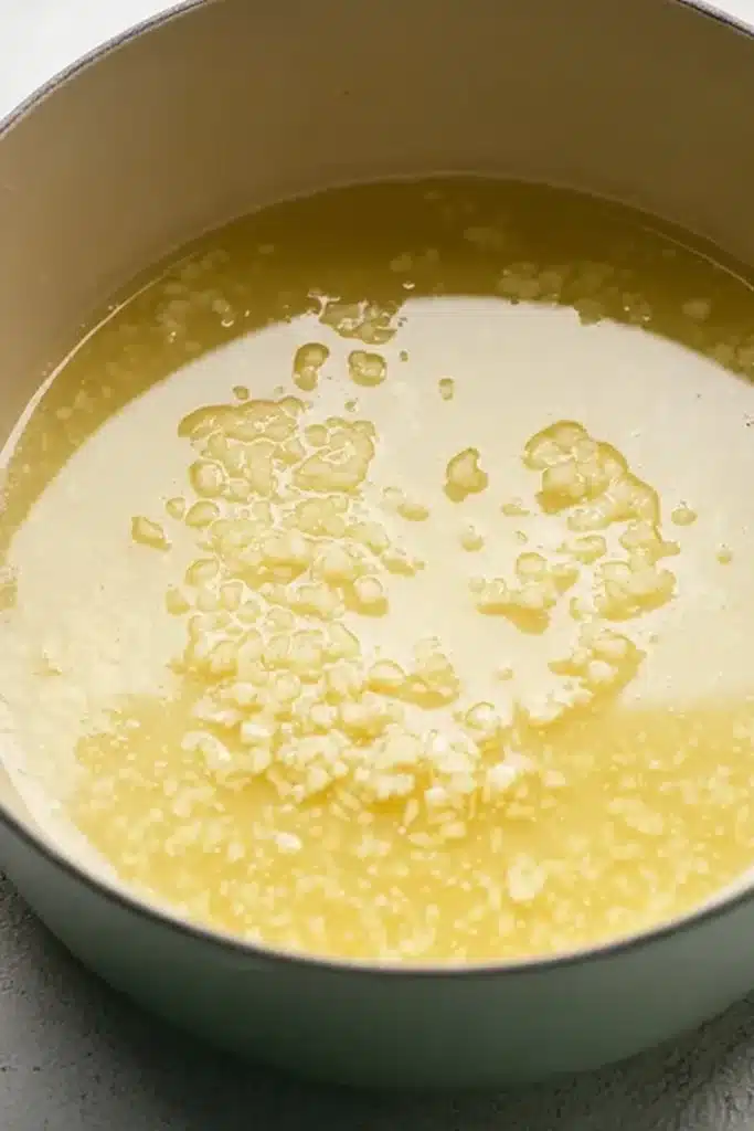Creamy Broccoli Pasta 2 Creamy Broccoli Pasta garlic butter cooking in a cream enamel pot
