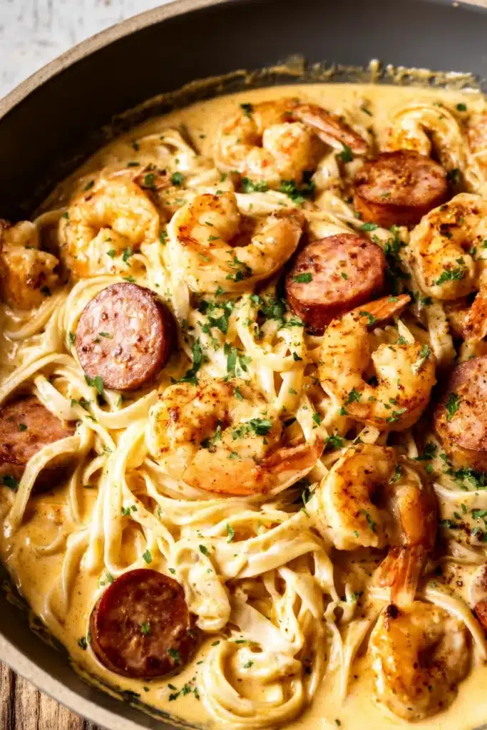 Creamy Cajun Shrimp Pasta with sausage and linguine in creamy Cajun sauce