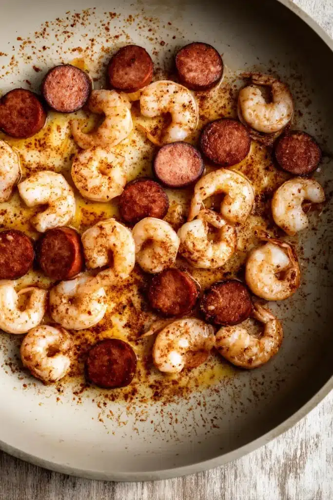 Creamy Cajun Shrimp Pasta with browned sausage and seasoned shrimp in skillet