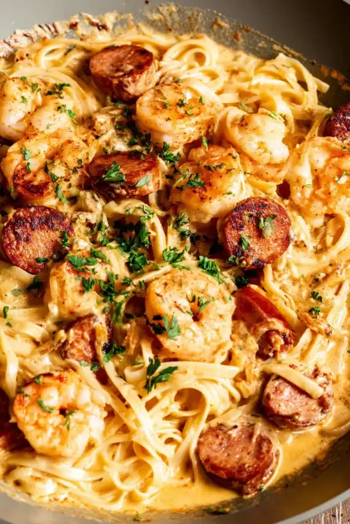 Creamy Cajun shrimp pasta with sausage, linguine, and rich spicy cream sauce