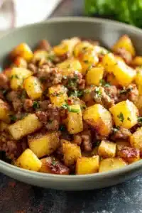 Sausage and Potatoes Breakfast Hash with crispy potatoes and savory sausage in a ceramic bowl