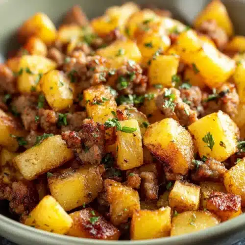 Sausage and Potatoes Breakfast Hash 5 Sausage and Potatoes Breakfast Hash with crispy potatoes and savory sausage in a ceramic bowl
