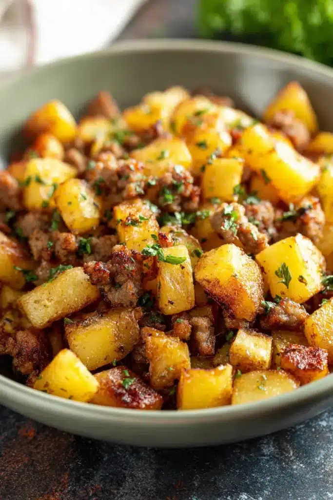 Sausage and Potatoes Breakfast Hash 1 Sausage and Potatoes Breakfast Hash with crispy potatoes and savory sausage in a ceramic bowl