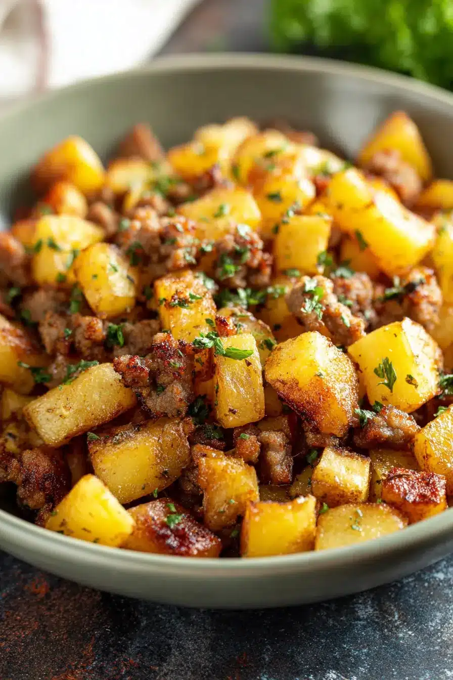 home 9 Sausage and Potatoes Breakfast Hash with crispy potatoes and savory sausage in a ceramic bowl