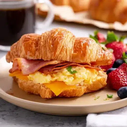 Croissant Breakfast Sandwiches 5 Croissant breakfast sandwich with eggs bacon ham and melted cheese