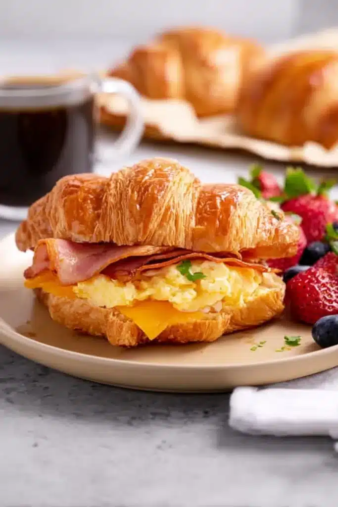 Croissant Breakfast Sandwiches 1 Croissant breakfast sandwich with eggs bacon ham and melted cheese