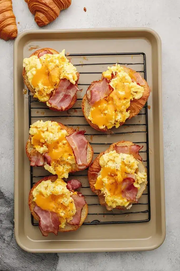 Croissant Breakfast Sandwiches 3 Croissant Breakfast Sandwiches topped with scrambled eggs bacon and ham