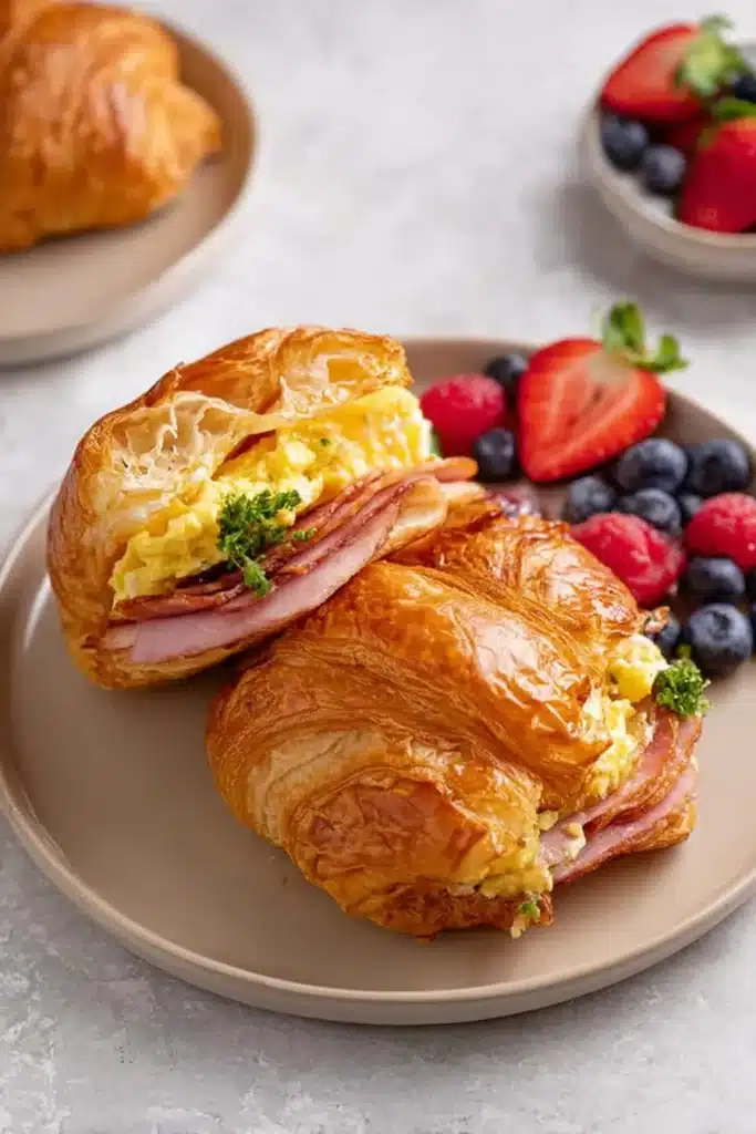 Croissant Breakfast Sandwiches 4 Finished Croissant Breakfast Sandwiches with eggs ham bacon and berries