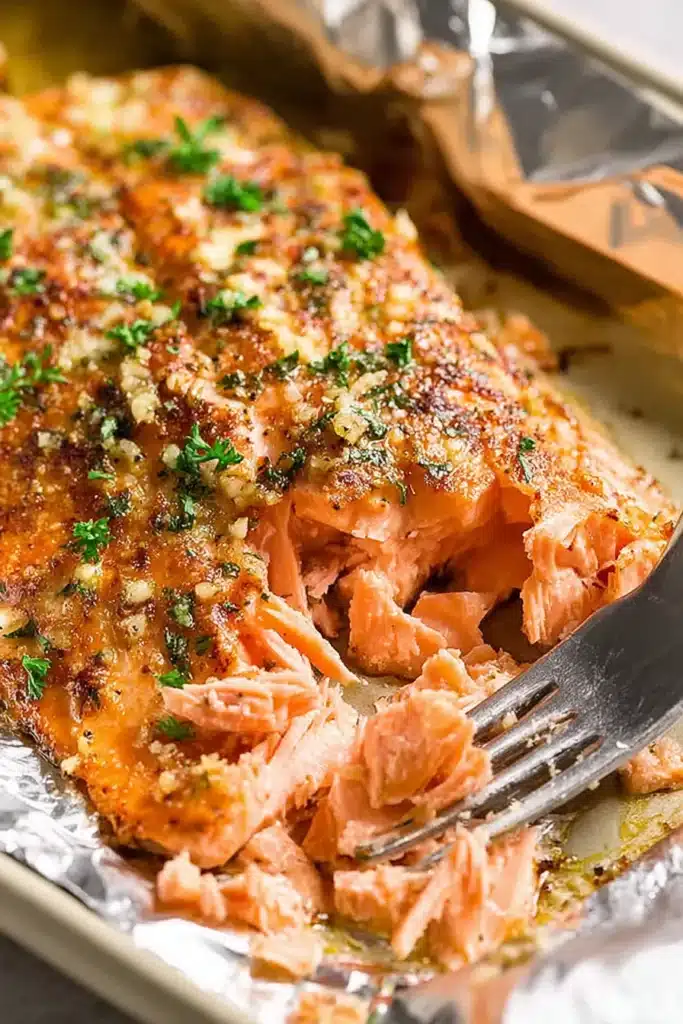 Flaky Oven Baked Salmon with garlic herb crust and juicy texture