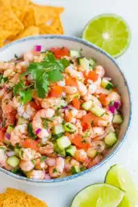 Fresh shrimp ceviche with cucumber, tomatoes, cilantro, and tortilla chips