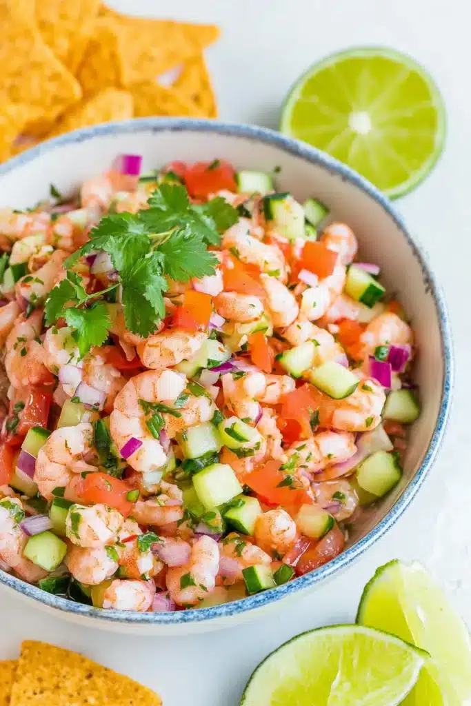 Fresh shrimp ceviche with cucumber, tomatoes, cilantro, and tortilla chips