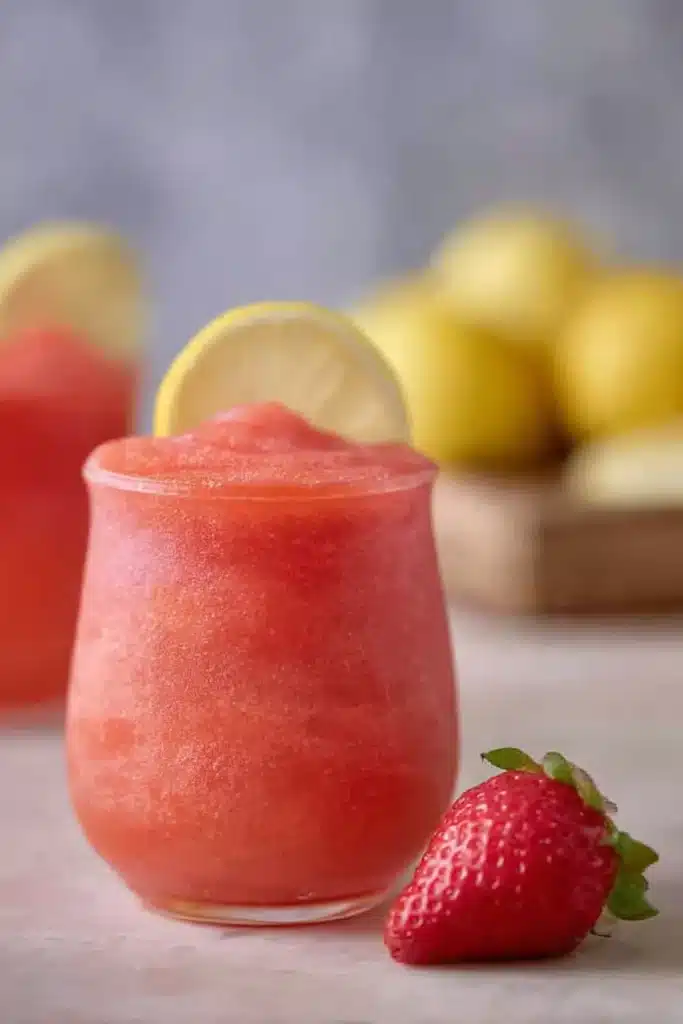 Frozen Strawberry Lemonade ingredients blending inside a blender