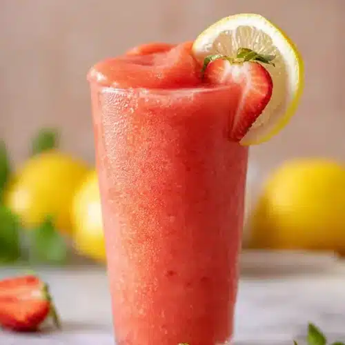Frozen strawberry lemonade in a tall glass with lemon and strawberry garnish