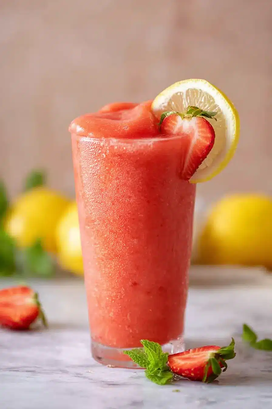 Frozen strawberry lemonade in a tall glass with lemon and strawberry garnish