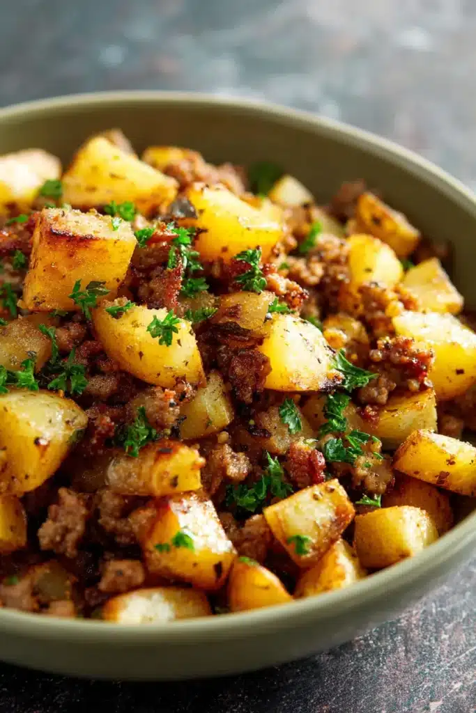 Sausage and Potatoes Breakfast Hash 4 Golden sausage and potatoes breakfast hash served in a rustic breakfast bowl