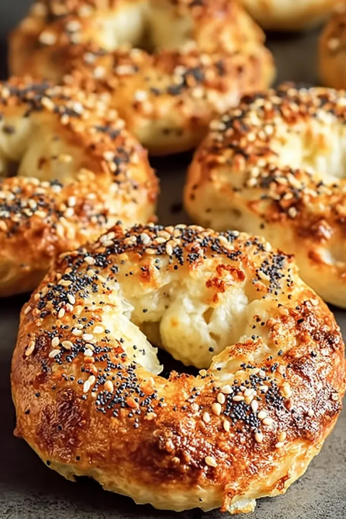 Unbaked Greek Yogurt Bagels coated with sesame seeds before baking