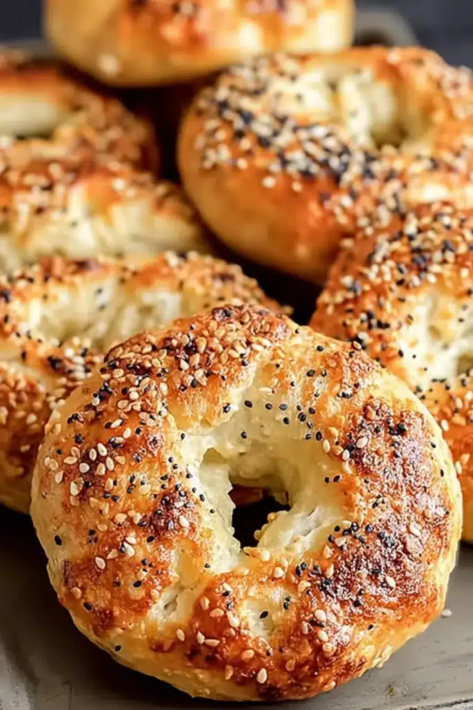 Golden brown Greek Yogurt Bagels with sesame and poppy seed topping
