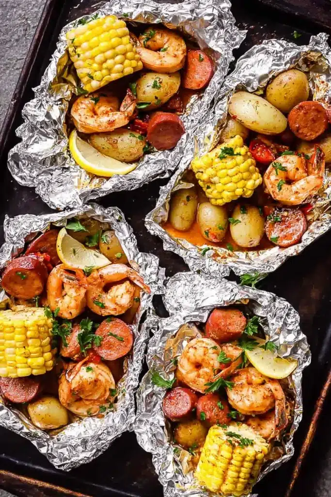 Grilled Shrimp Boil in Foil Packets 2 Grilled Shrimp Boil in Foil Packets with shrimp, sausage, potatoes, and corn