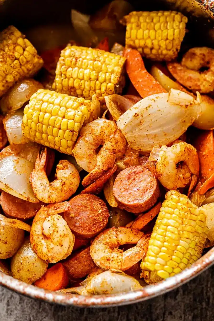 Grilled shrimp boil with sausage, potatoes, and corn in buttery Cajun seasoning