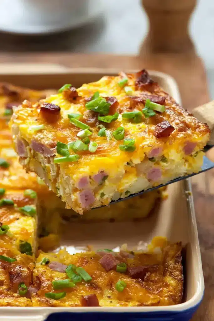 Hash Brown Egg Casserole with cheesy eggs ham and crispy potatoes
