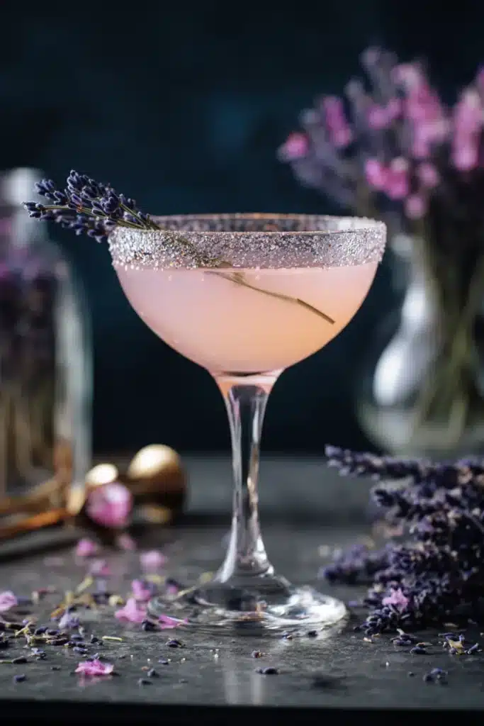 Lavender Lemon Drop Martini with sugar rim and lavender garnish in an elegant cocktail glass