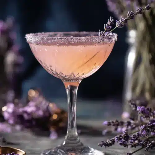 Preparing a Lavender Lemon Drop Martini with cocktail shaker and sugared martini glass