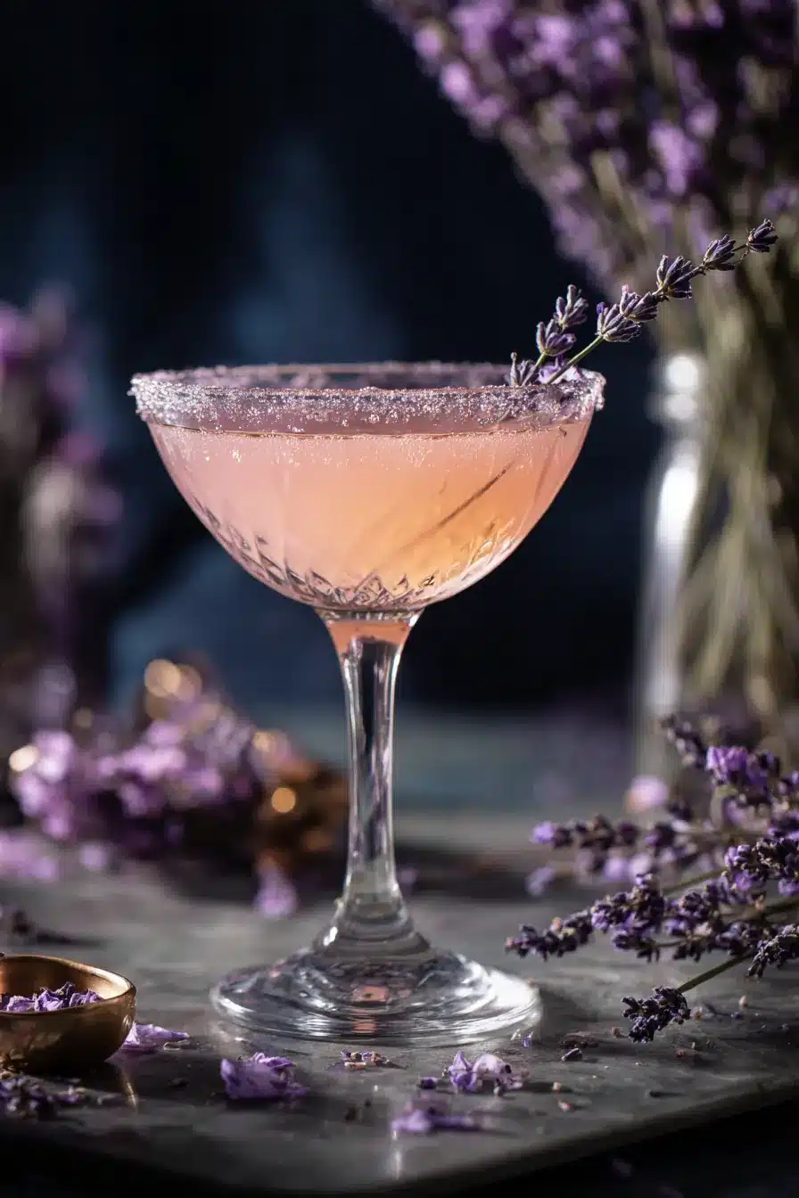 Preparing a Lavender Lemon Drop Martini with cocktail shaker and sugared martini glass