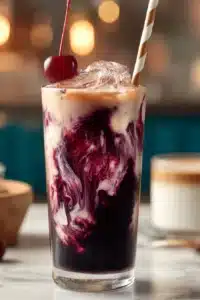 Homemade Midnight Malibu Dirty Soda with creamy coconut layer and blackberry syrup