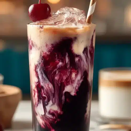 Homemade Midnight Malibu Dirty Soda with creamy coconut layer and blackberry syrup