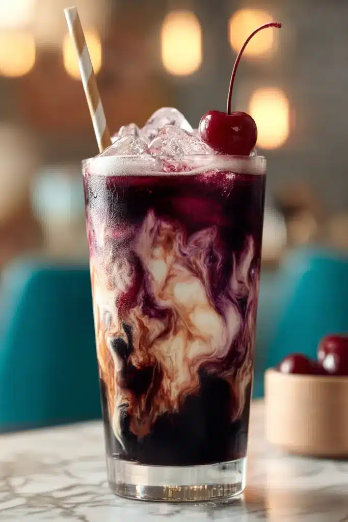 Midnight Malibu Dirty Soda with blackberry swirls, coconut cream, ice, and cherry garnish