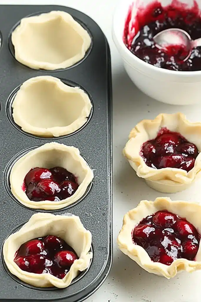 Mini Cherry Pies with lattice crust in muffin tin before baking