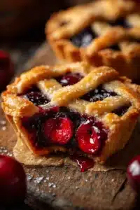 Close up of Mini Cherry Pies with flaky crust and cherry filling