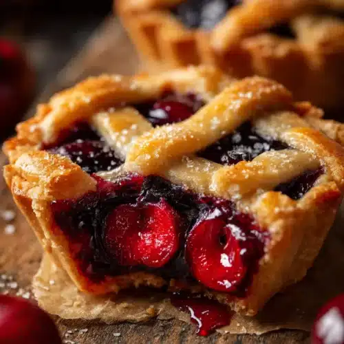 Close up of Mini Cherry Pies with flaky crust and cherry filling