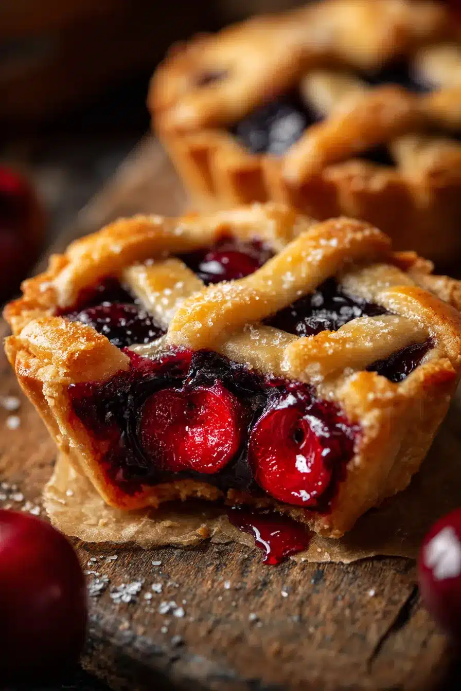 Close up of Mini Cherry Pies with flaky crust and cherry filling