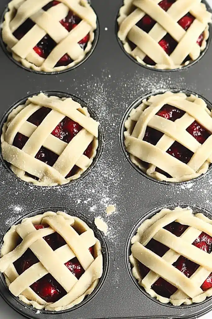 Mini Cherry Pies filled with cherry pie filling in muffin tin