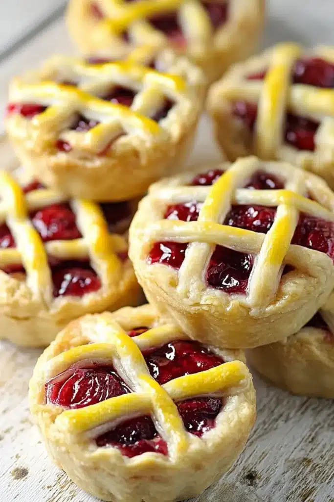 Mini cherry pies with flaky lattice crust and glossy cherry filling